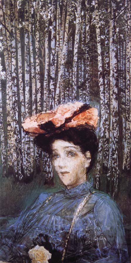 The portrait of Isabella in front of birch